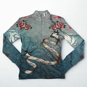 Guess Zip‎ Up Sweater Women S Blue Tattoo Print Roses Swallows Y2K Mock Neck
